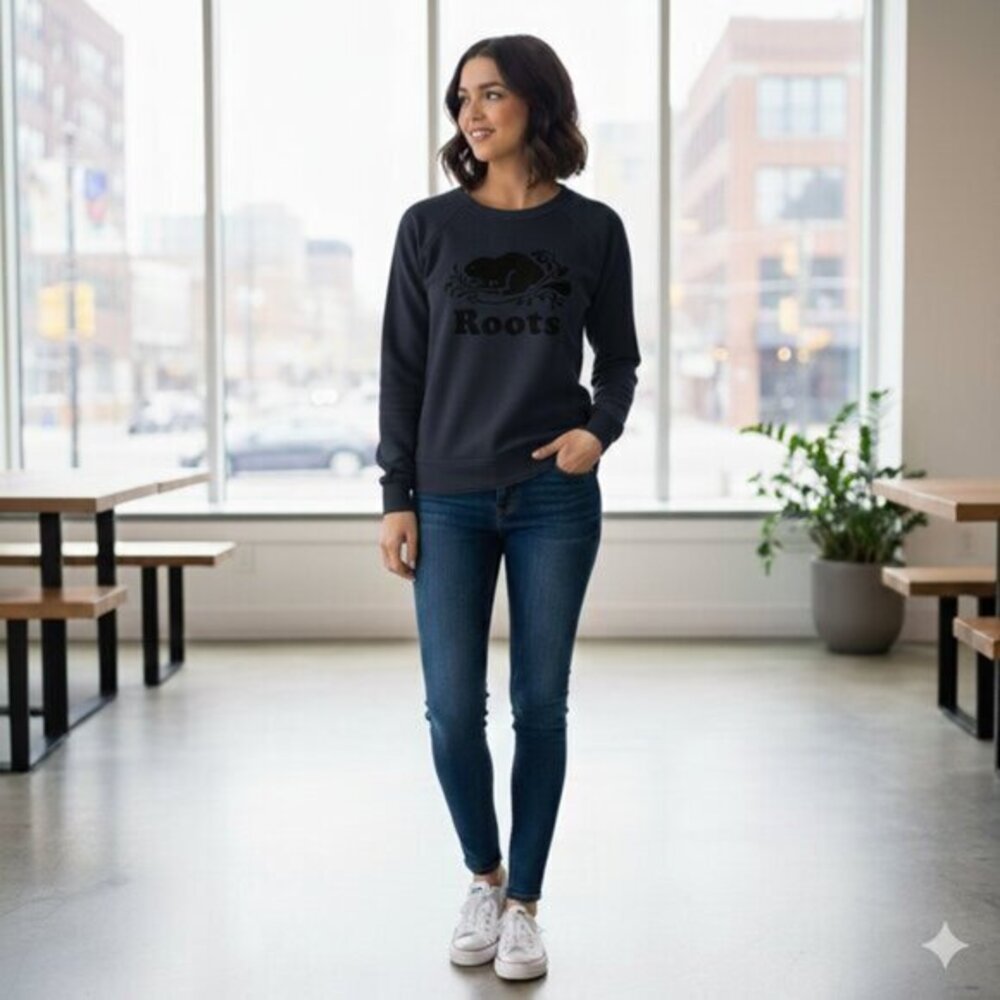 Y2K Roots Women’s Sweatshirt Leather Beaver logo Navy blue Pepper Size S 2000s - Picture 5 of 15